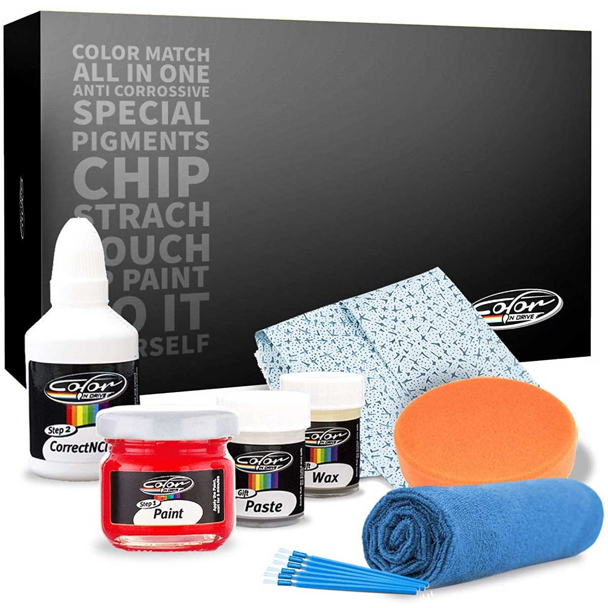 A repair kit contains paint, paste, wax, and tools, displayed with a cloth and a sponge, against a dark box featuring text about its use.
