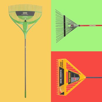 Three different garden rakes are displayed, each with unique colors and designs, set against vibrant backgrounds of yellow, green, and red.
