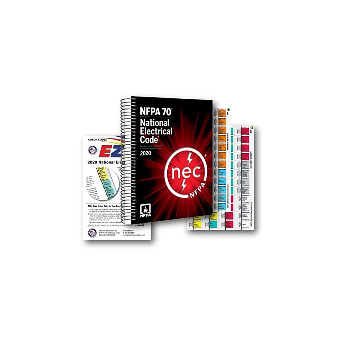 A 2020 National Electrical Code book is prominently displayed, accompanied by two colorful reference sheets, all set against a plain white background.