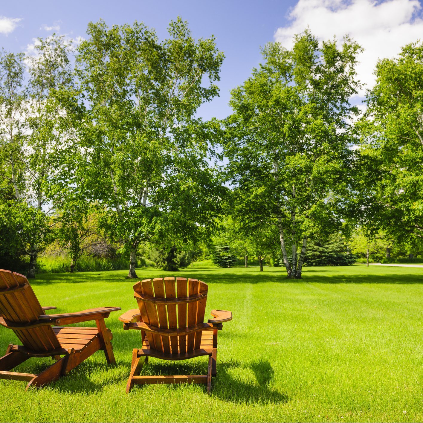 Two wooden adirondack chairs sit on lush green grass, facing a tranquil scene of trees under a clear blue sky with scattered clouds.