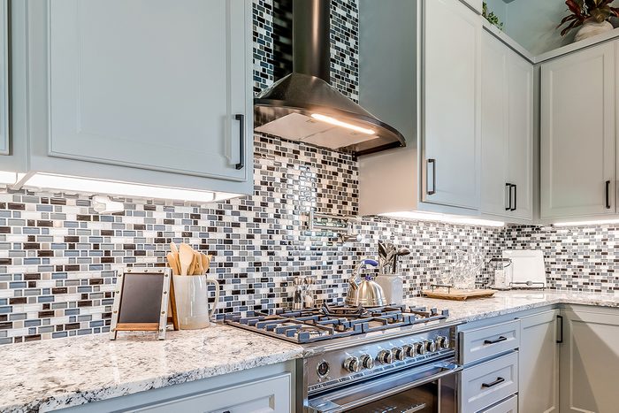 Lots of colors in tile backsplash of new kitchen